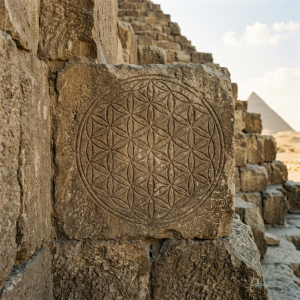 Ancient stone block with circular geometric carving near pyramid