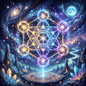 Glowing geometric figure with magical symbols floating above an altar surrounded by crystals under a starry sky