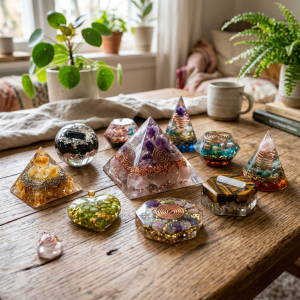 Colorful crystal pyramids and geometric resin pieces on a wooden table